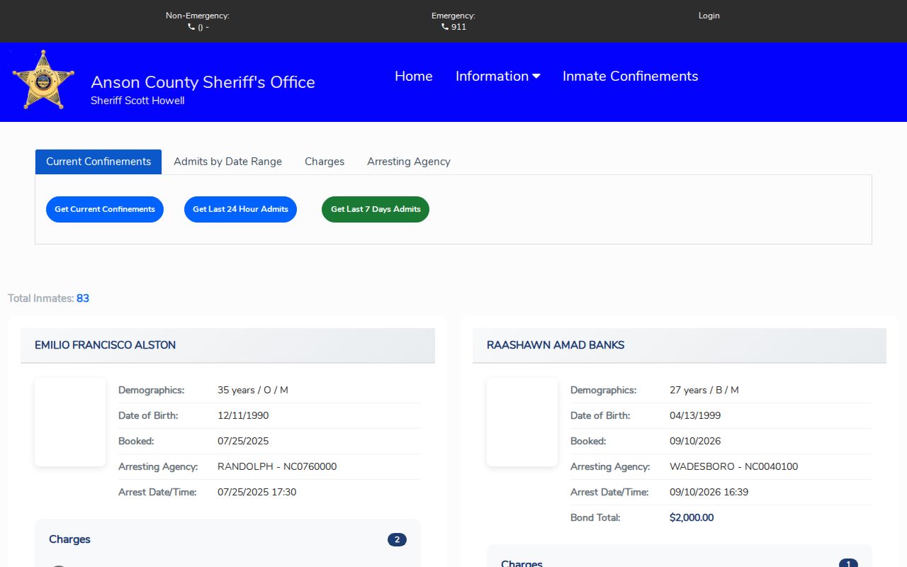 Anson County Citizen Connect inmate confinement search interface