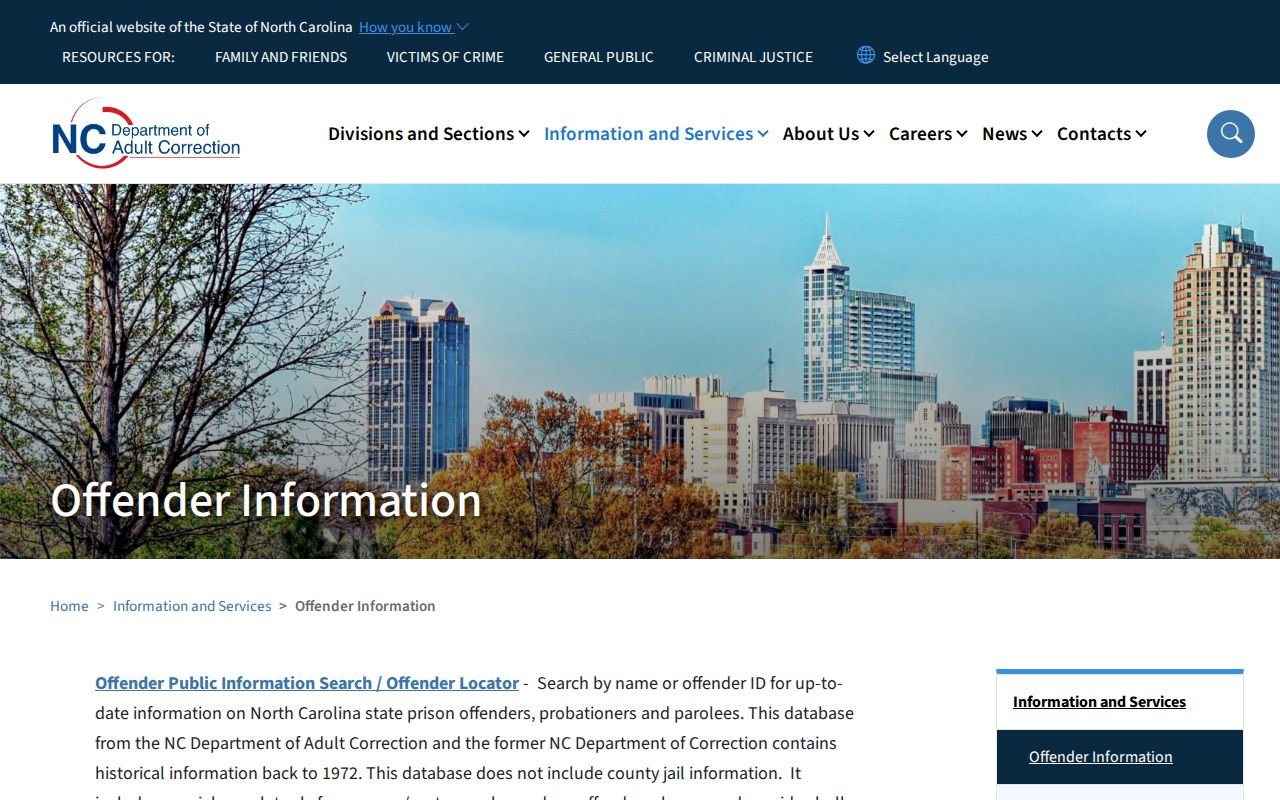 North Carolina Adult Correction offender search page