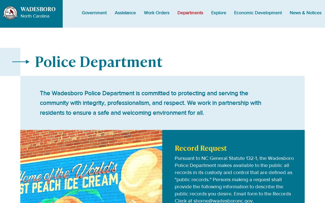 Official Wadesboro Police Department webpage with department and records information