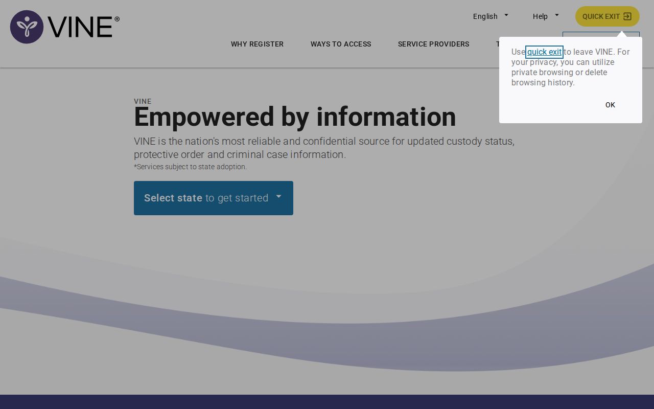 Official VINELink state selection and custody search entry page