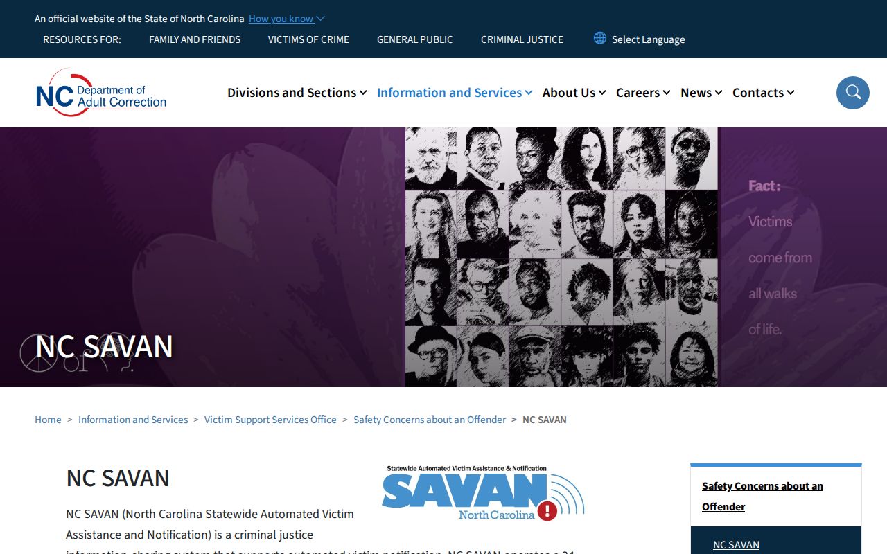 North Carolina NC SAVAN official custody notification information page