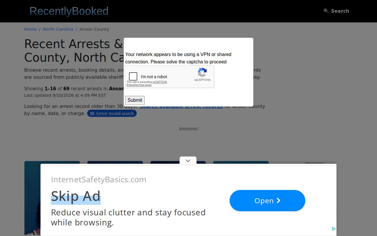 Unofficial RecentlyBooked Anson County rolling arrest page