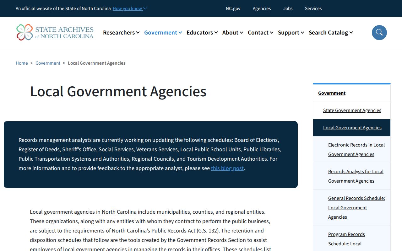 North Carolina State Archives local records schedules page